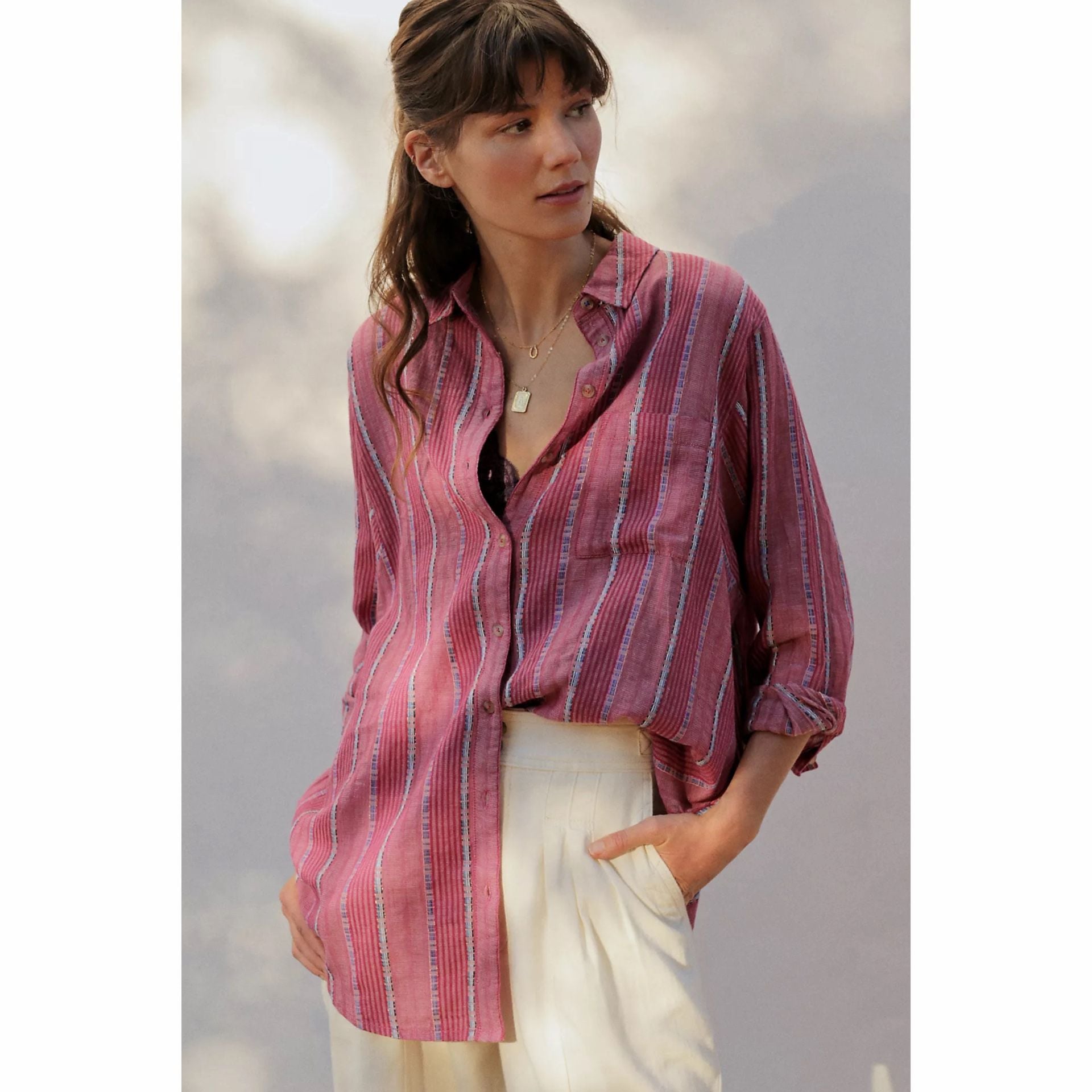 Pilcro Bo Boyfriend Metallic Stripe Button-Down Shirt